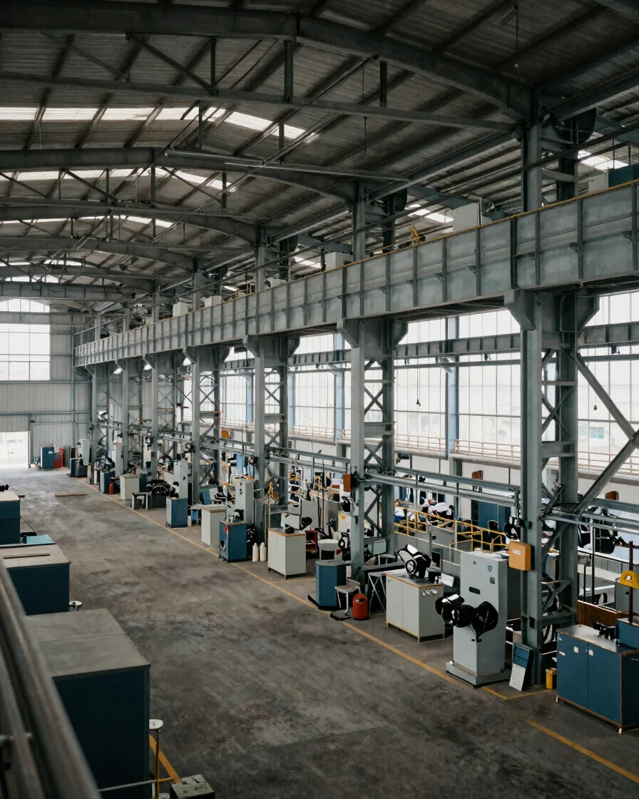 Wide documentary view of an industrial facility interior with steel framework and organized equipment, soft directional