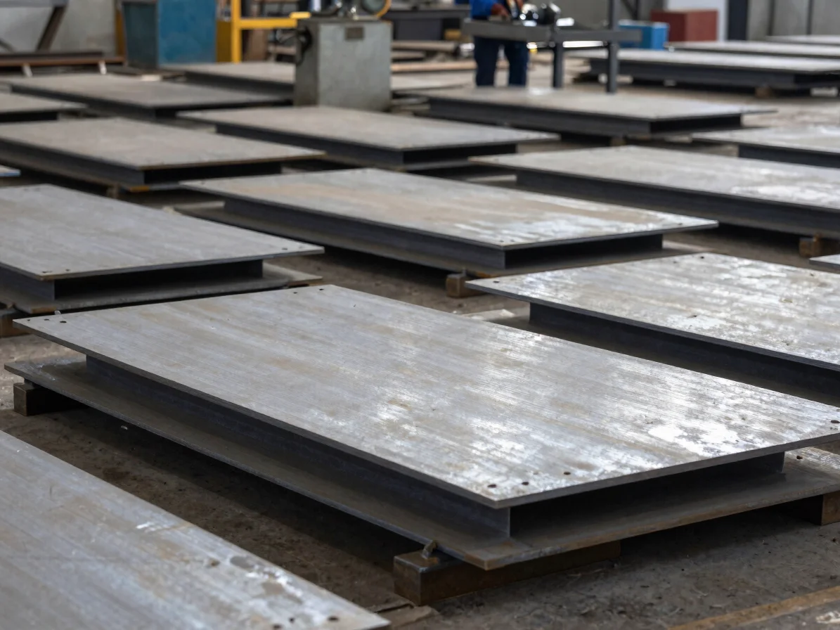 Industrial editorial photograph of a steel fabrication shop with cut steel plates and a welding station under soft direc
