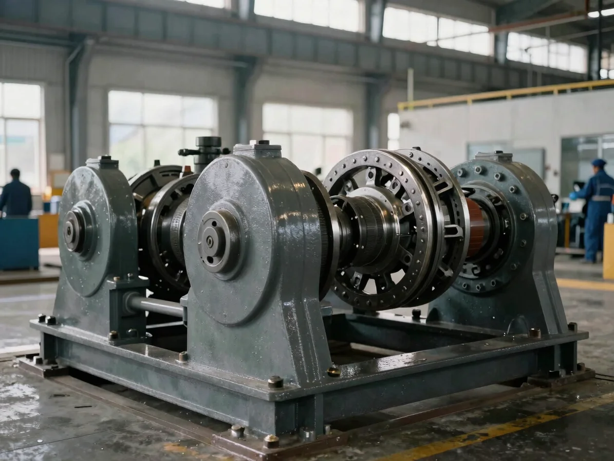 Industrial editorial photograph of heavy mechanical equipment being positioned in an industrial facility, documentary fr