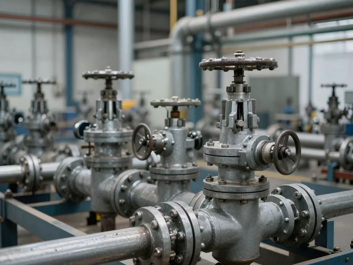 Industrial editorial close detail of maintenance work on machinery and valves in a facility, practical industrial light,