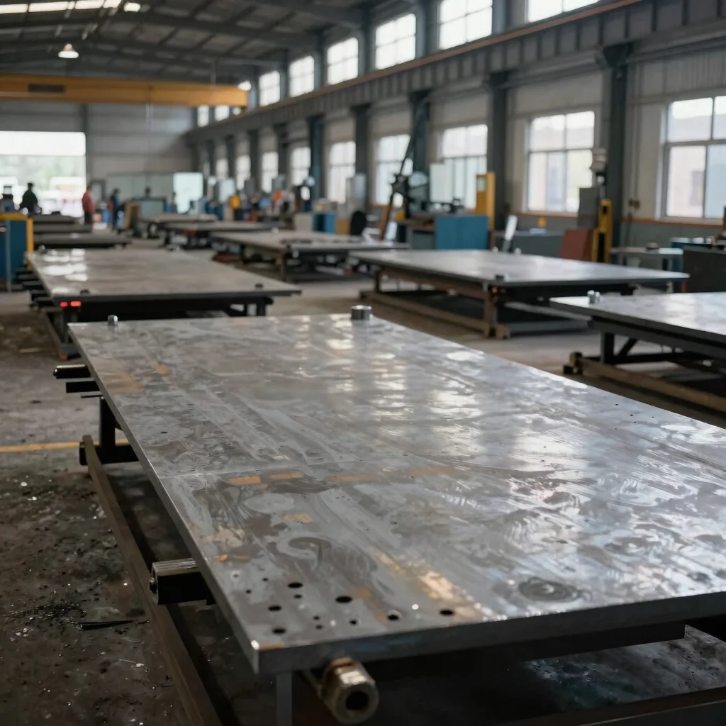 Documentary wide view of a steel fabrication shop floor with cut