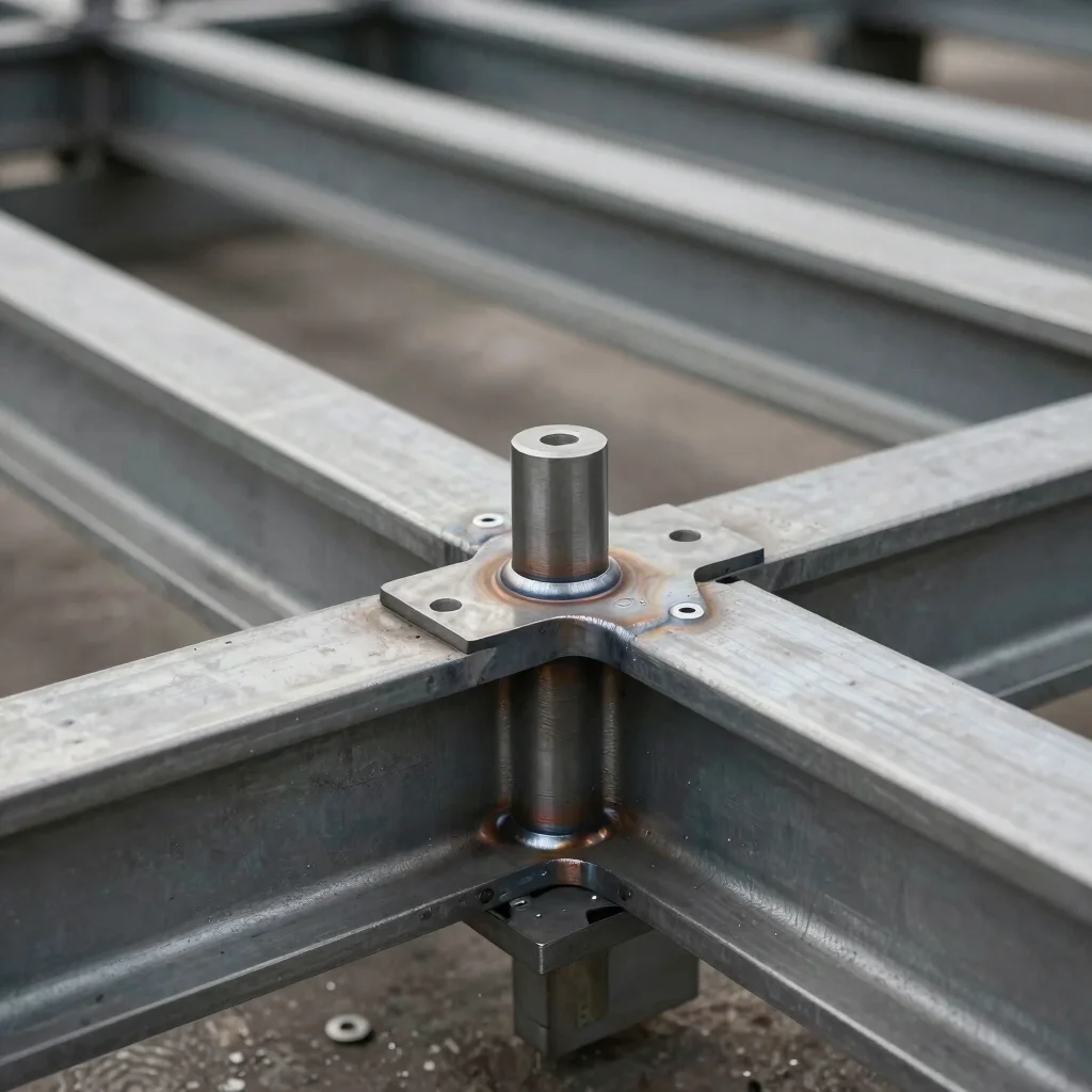 Close detail of precision-welded steel joints on a fabricated ind