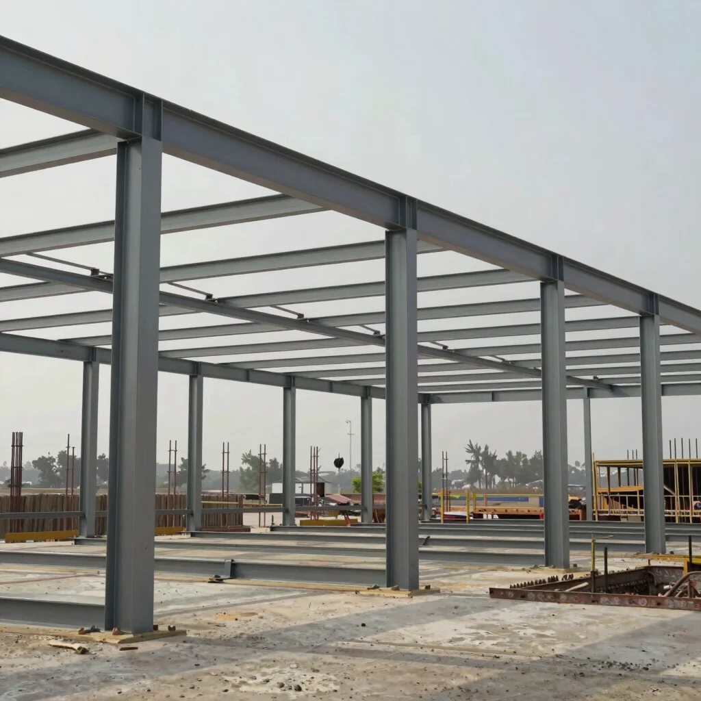 Documentary view of a structural steel frame under assembly on si