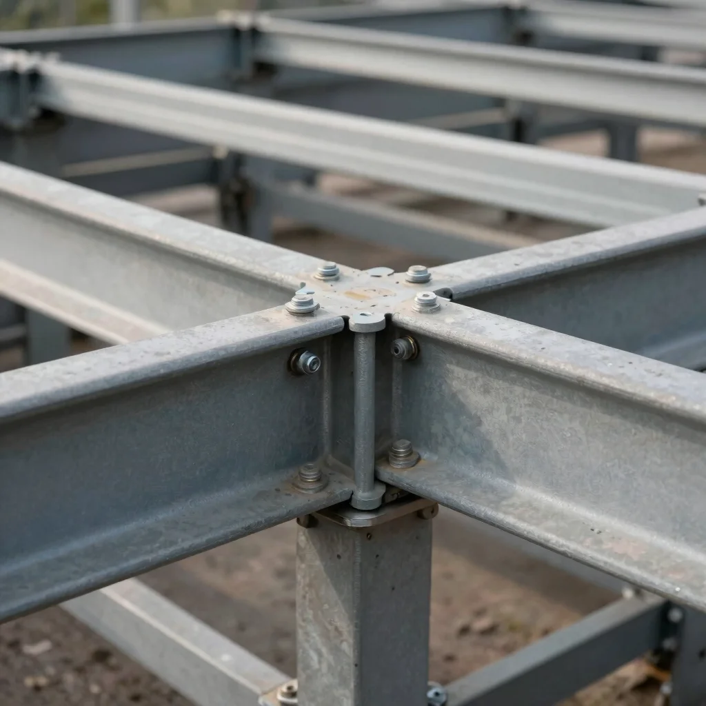 Close detail of bolted structural connections and steel members,